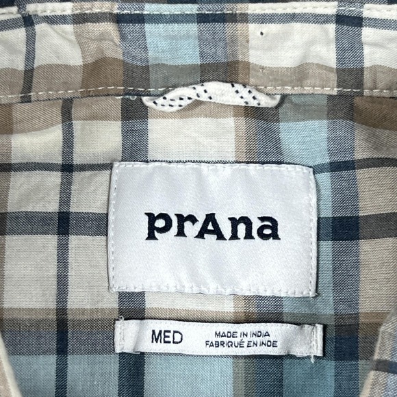 PrAna Shirt Mens Medium Blue Tan Plaid Short Sleeve Button Front Organic Cotton - Picture 3 of 8